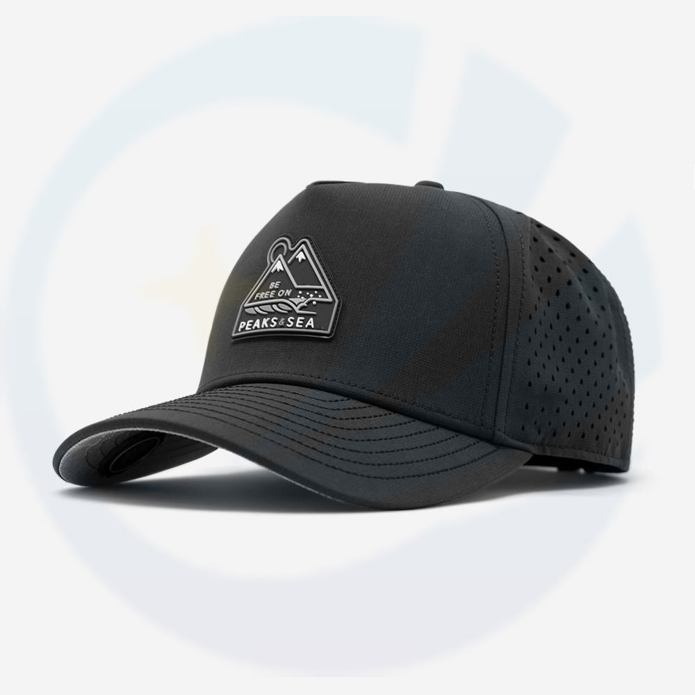 Para hombres, parche de PVC personalizado, 5 panel de láser negro cortado orificio perforado, béisbol seco, béisbol estructurado gorra de rendimiento de rendimiento de golf gorro de golf