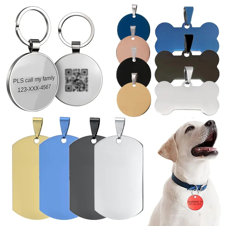 Logotipo de grabado láser personalizado Etiqueta de mascota sublimación en blanco Etiquetas de identificación de perros de acero inoxidable Etiqueta de perro con llavero